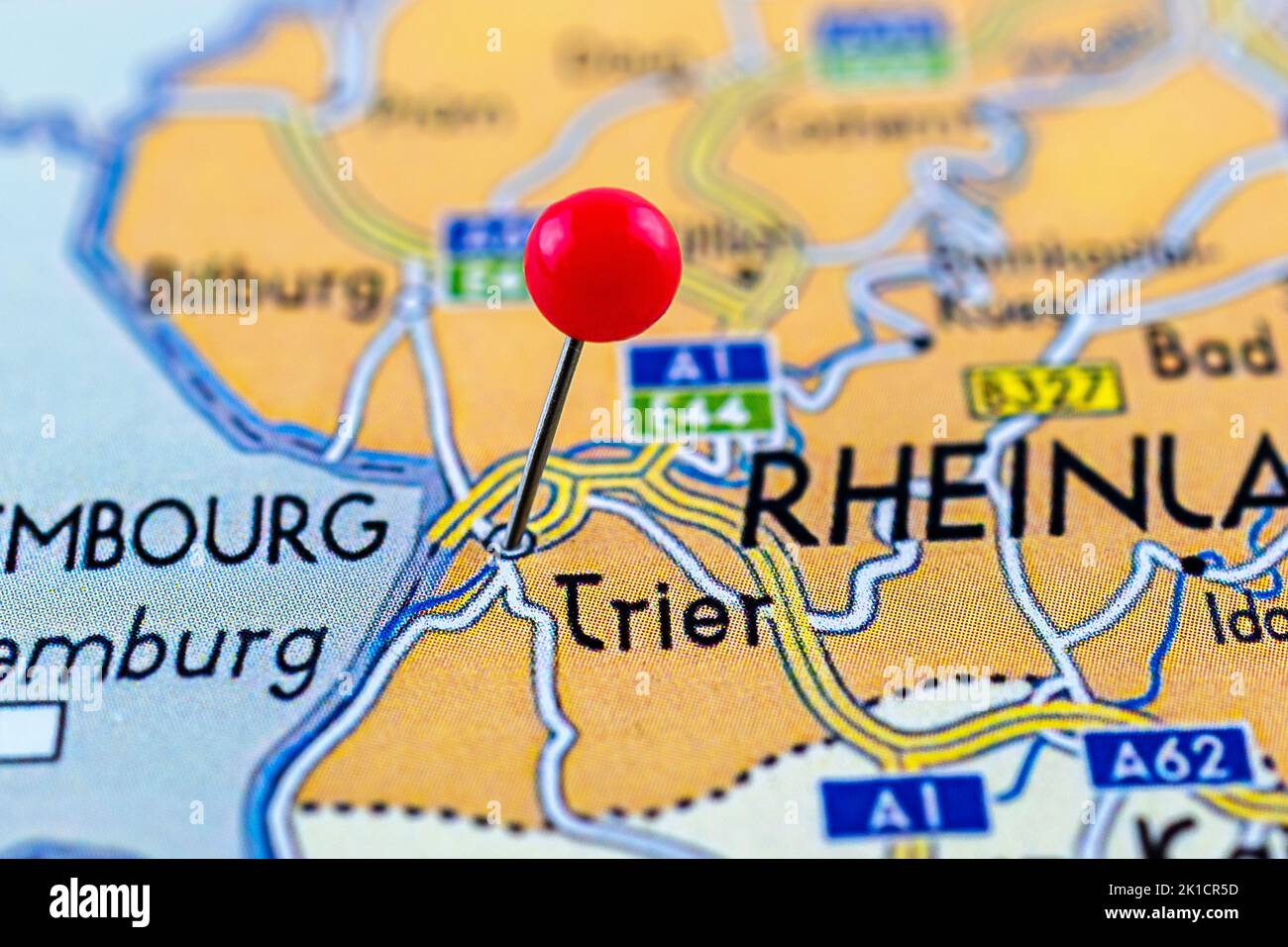 Trier map. Close up of Trier map with red pin. Map with red pin point of Trier in Germany Stock 