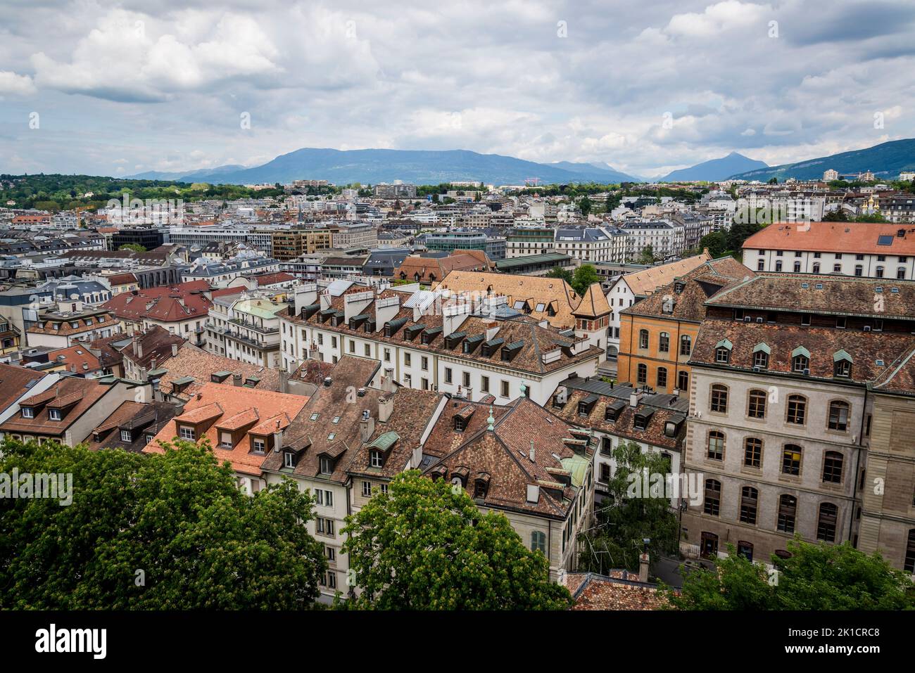 Panoramic view of the city from the South Tower of the St Peter’s Cathedral, Old Town, Geneva, Switzerland Stock Photo