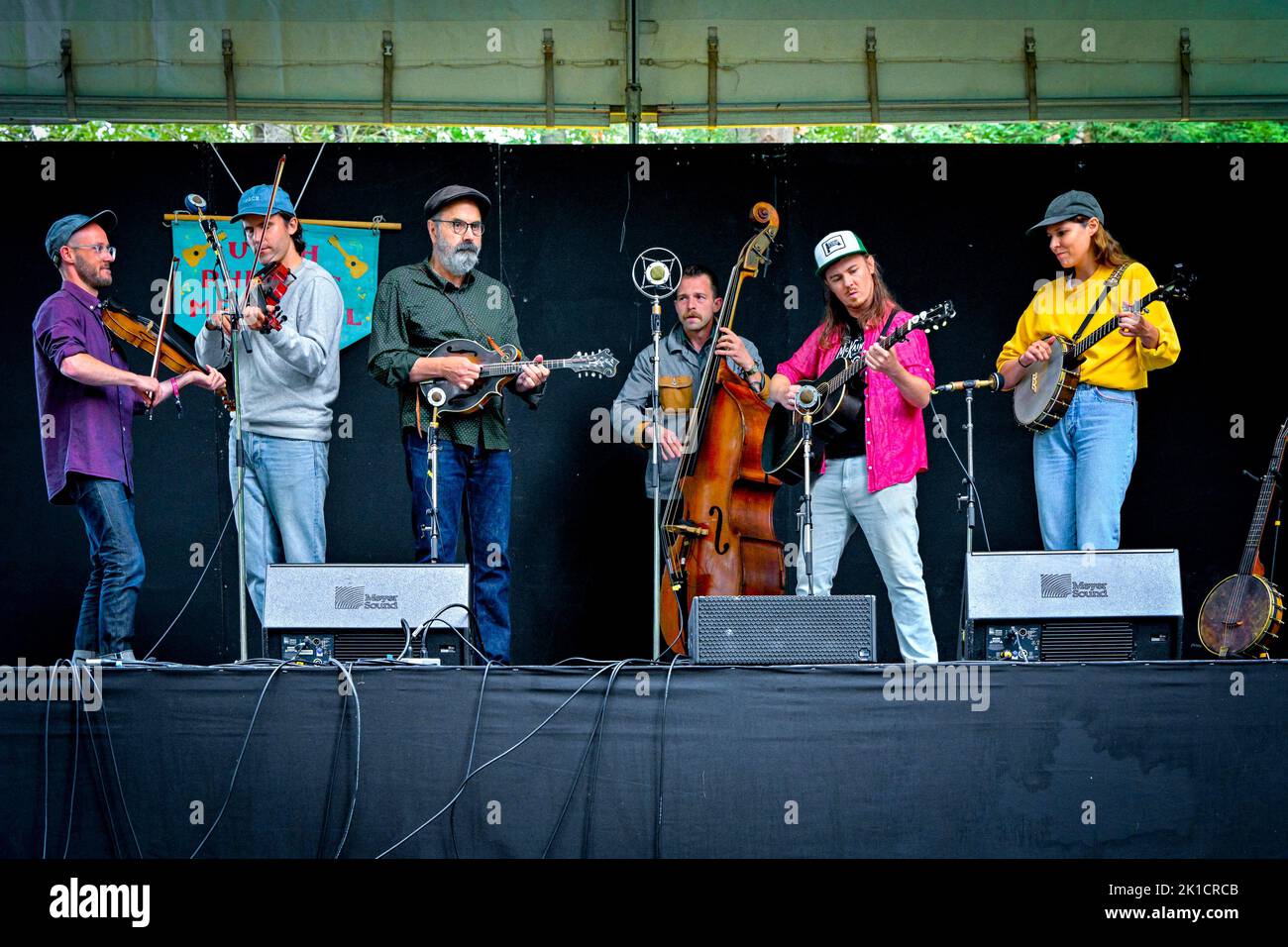 Bluegrass music group, Stringband Sundae, Vancouver Folk Music Festival, Vancouver, British Columbia, Canada Stock Photo