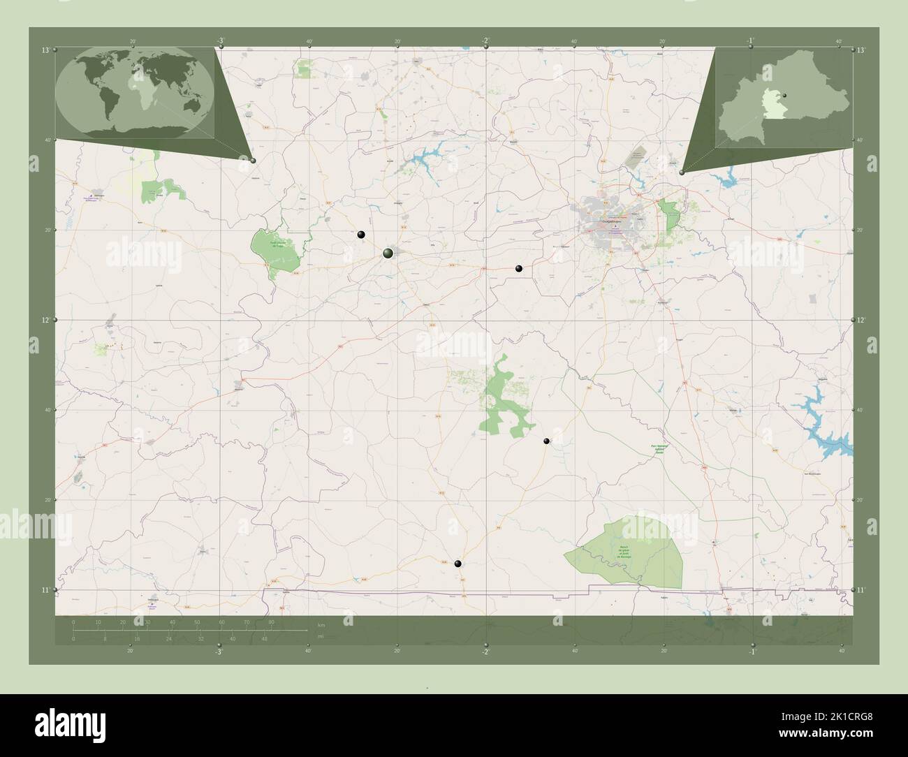 Centre-Ouest, region of Burkina Faso. Open Street Map. Locations of