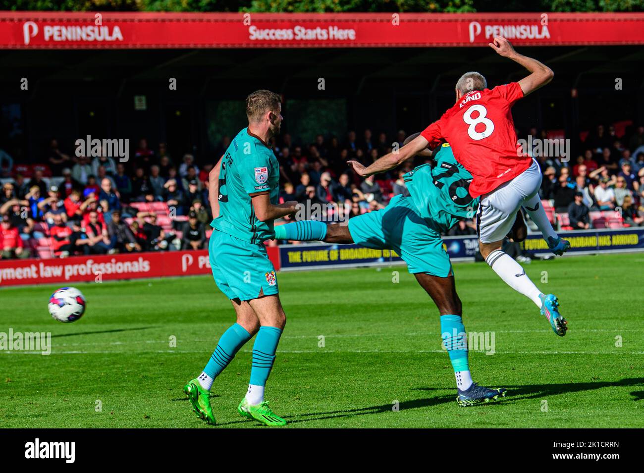 Matthew Lund of Salford City collides with Dynel Simeu of Tranmere Rovers during the Sky Bet League 2 match between Salford City and Tranmere Rovers at Moor Lane, Salford on Saturday 17th September 2022. Stock Photo