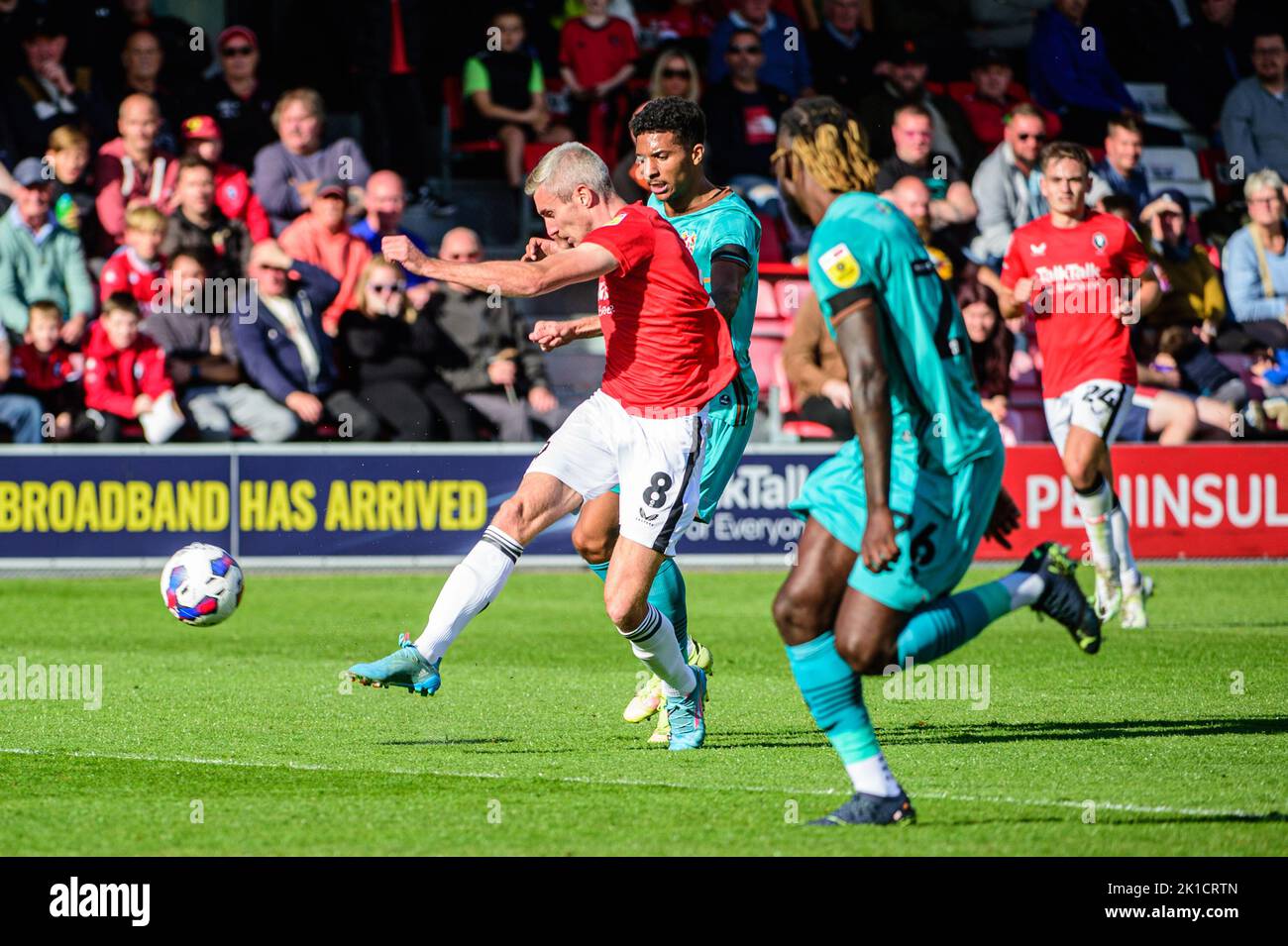 Matthew Lund of Salford City tries a shot on goal during the Sky Bet League 2 match between Salford City and Tranmere Rovers at Moor Lane, Salford on Saturday 17th September 2022. Stock Photo