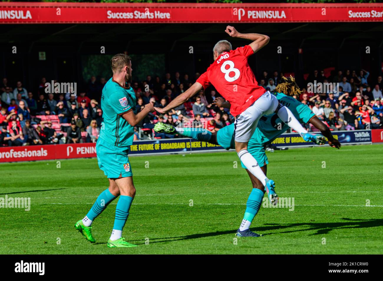 Matthew Lund of Salford City collides with Dynel Simeu of Tranmere Rovers during the Sky Bet League 2 match between Salford City and Tranmere Rovers at Moor Lane, Salford on Saturday 17th September 2022. Stock Photo