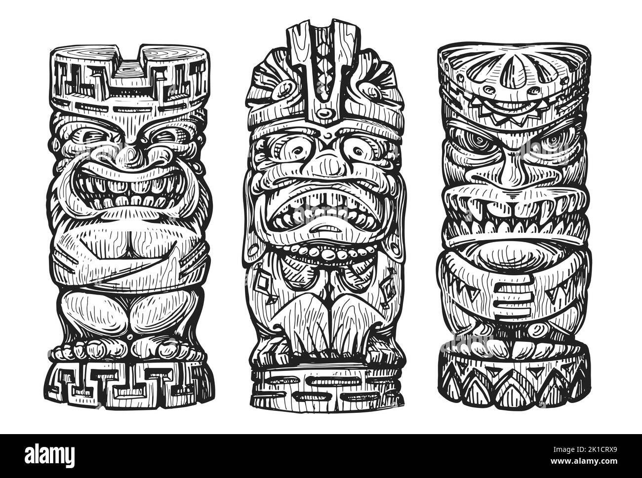Hawaii wooden tiki masks sketch. Traditional ethnic idol of hawaiian or maori. Polynesian old tribal totem Stock Vector