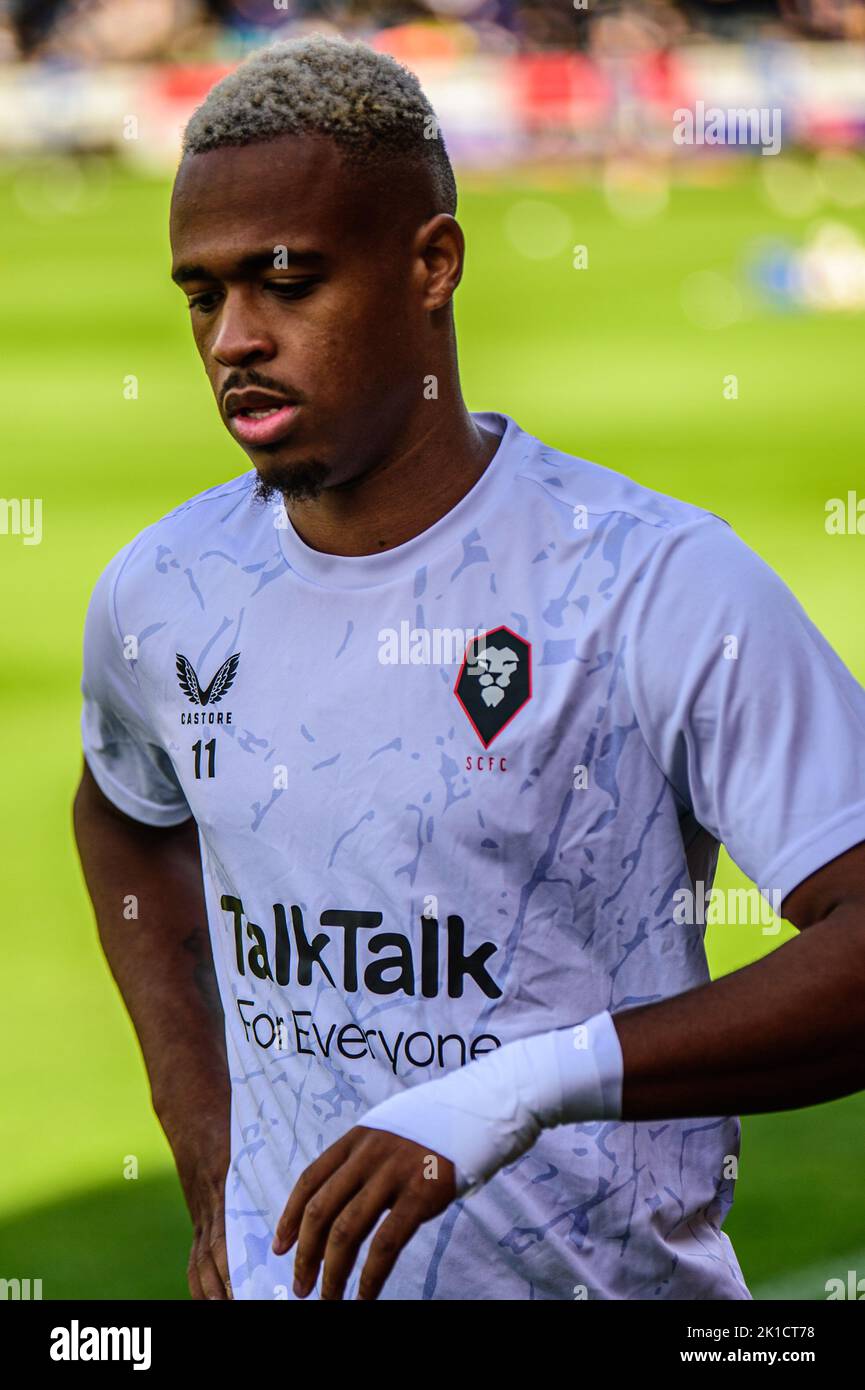 Elliot Simões of Salford City warms up during the Sky Bet League 2 match between Salford City and Tranmere Rovers at Moor Lane, Salford on Saturday 17th September 2022. Stock Photo