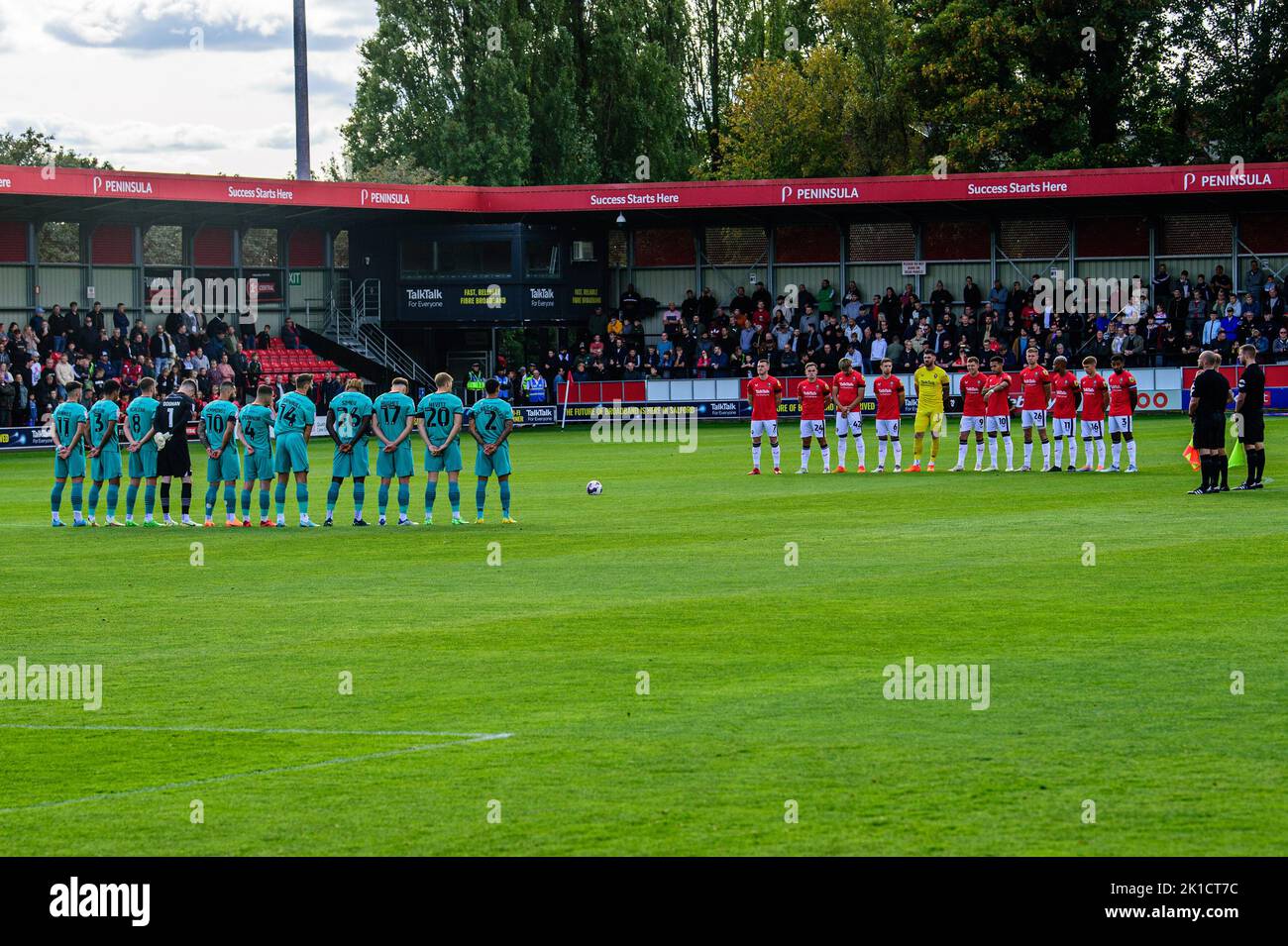 Players of both sides observe the minute's silence for HM Queen Elizabeth 2nd during the Sky Bet League 2 match between Salford City and Tranmere Rovers at Moor Lane, Salford on Saturday 17th September 2022. Stock Photo