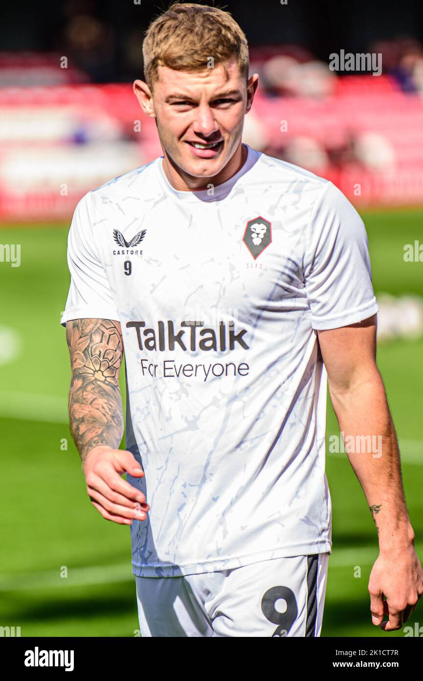 Callum Hendry of Salford City warms up during the Sky Bet League 2 match between Salford City and Tranmere Rovers at Moor Lane, Salford on Saturday 17th September 2022. Stock Photo