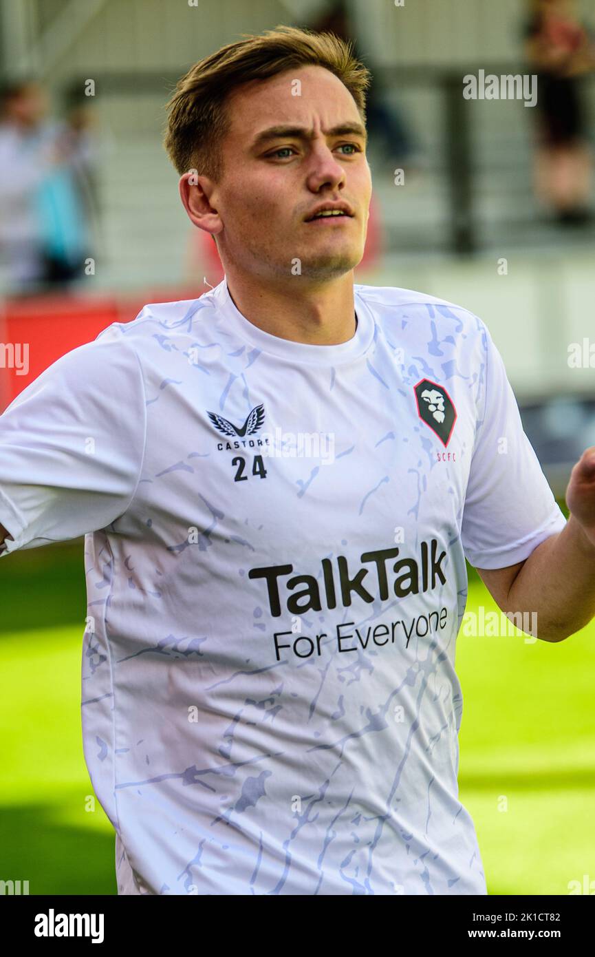 Luke Bolton of Salford City warms up during the Sky Bet League 2 match between Salford City and Tranmere Rovers at Moor Lane, Salford on Saturday 17th September 2022. Stock Photo
