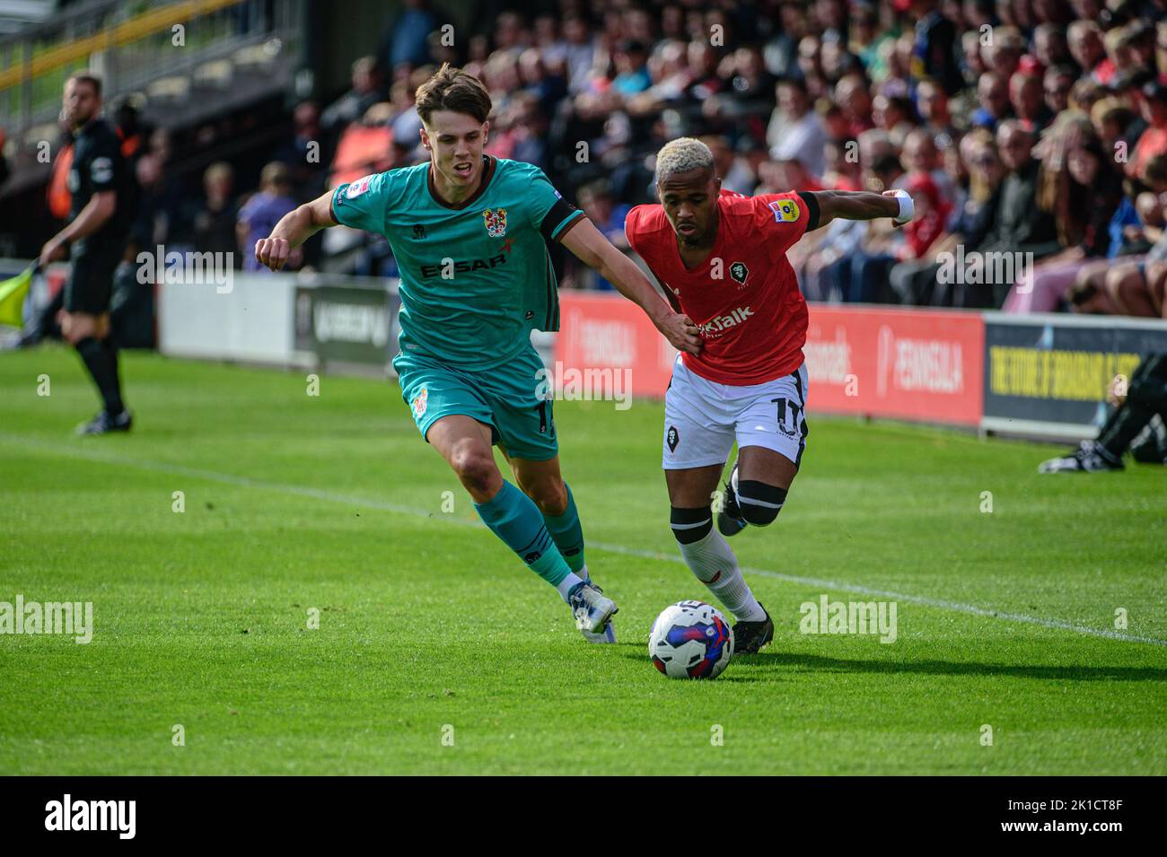 Rhys Hughes of Tranmere Rovers tackles Elliot Simões of Salford City during the Sky Bet League 2 match between Salford City and Tranmere Rovers at Moor Lane, Salford on Saturday 17th September 2022. Stock Photo