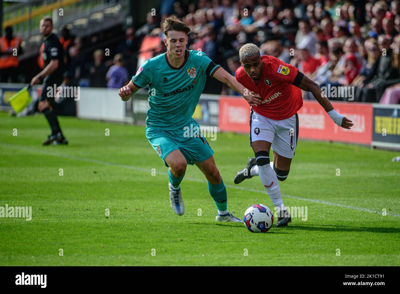 Rhys Hughes of Tranmere Rovers tackles Elliot Simões of Salford City during the Sky Bet League 2 match between Salford City and Tranmere Rovers at Moor Lane, Salford on Saturday 17th September 2022. Stock Photo