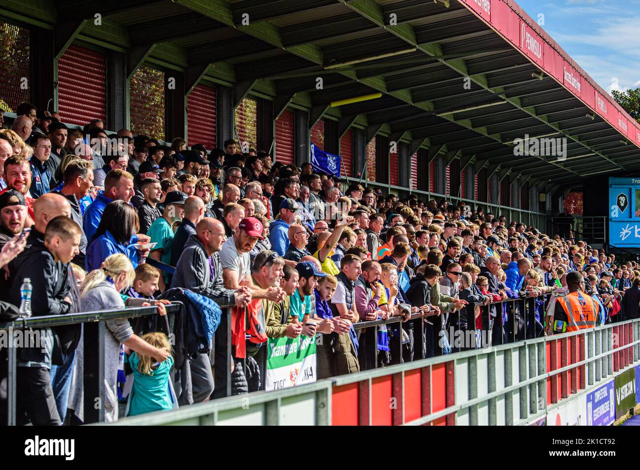 Fans of both sides observe the minute's silence for HM Queen Elizabeth 2nd during the Sky Bet League 2 match between Salford City and Tranmere Rovers at Moor Lane, Salford on Saturday 17th September 2022. Stock Photo