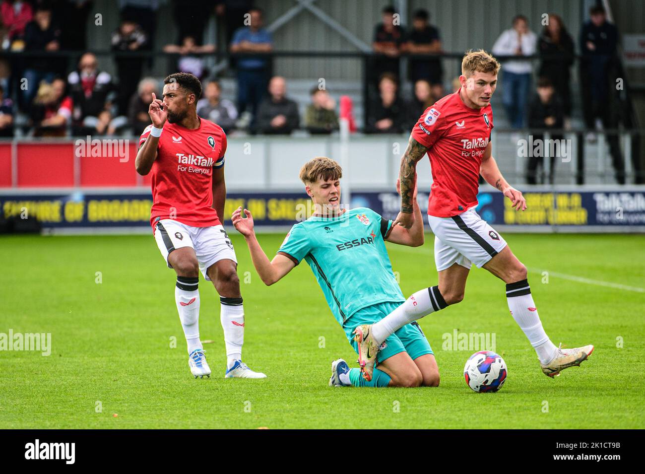 Ibou Touray of Salford City tackles Rhys Hughes of Tranmere Rovers during the Sky Bet League 2 match between Salford City and Tranmere Rovers at Moor Lane, Salford on Saturday 17th September 2022. Stock Photo