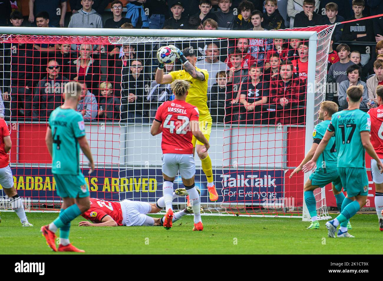 Tom King of Salford City makes the save during the Sky Bet League 2 match between Salford City and Tranmere Rovers at Moor Lane, Salford on Saturday 17th September 2022. Stock Photo