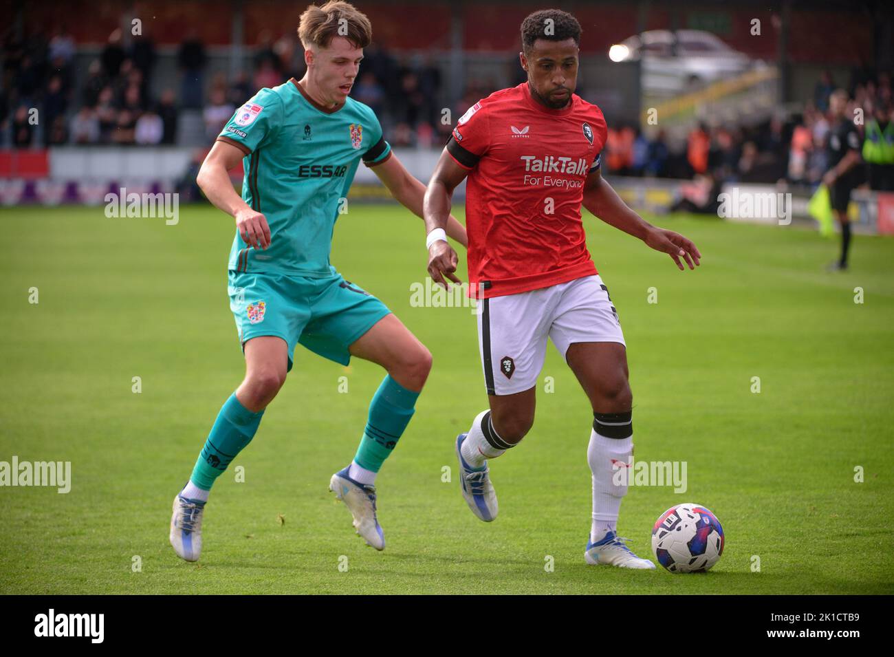 Rhys Hughes of Tranmere Rovers tackles Ibou Touray of Salford City during the Sky Bet League 2 match between Salford City and Tranmere Rovers at Moor Lane, Salford on Saturday 17th September 2022. Stock Photo