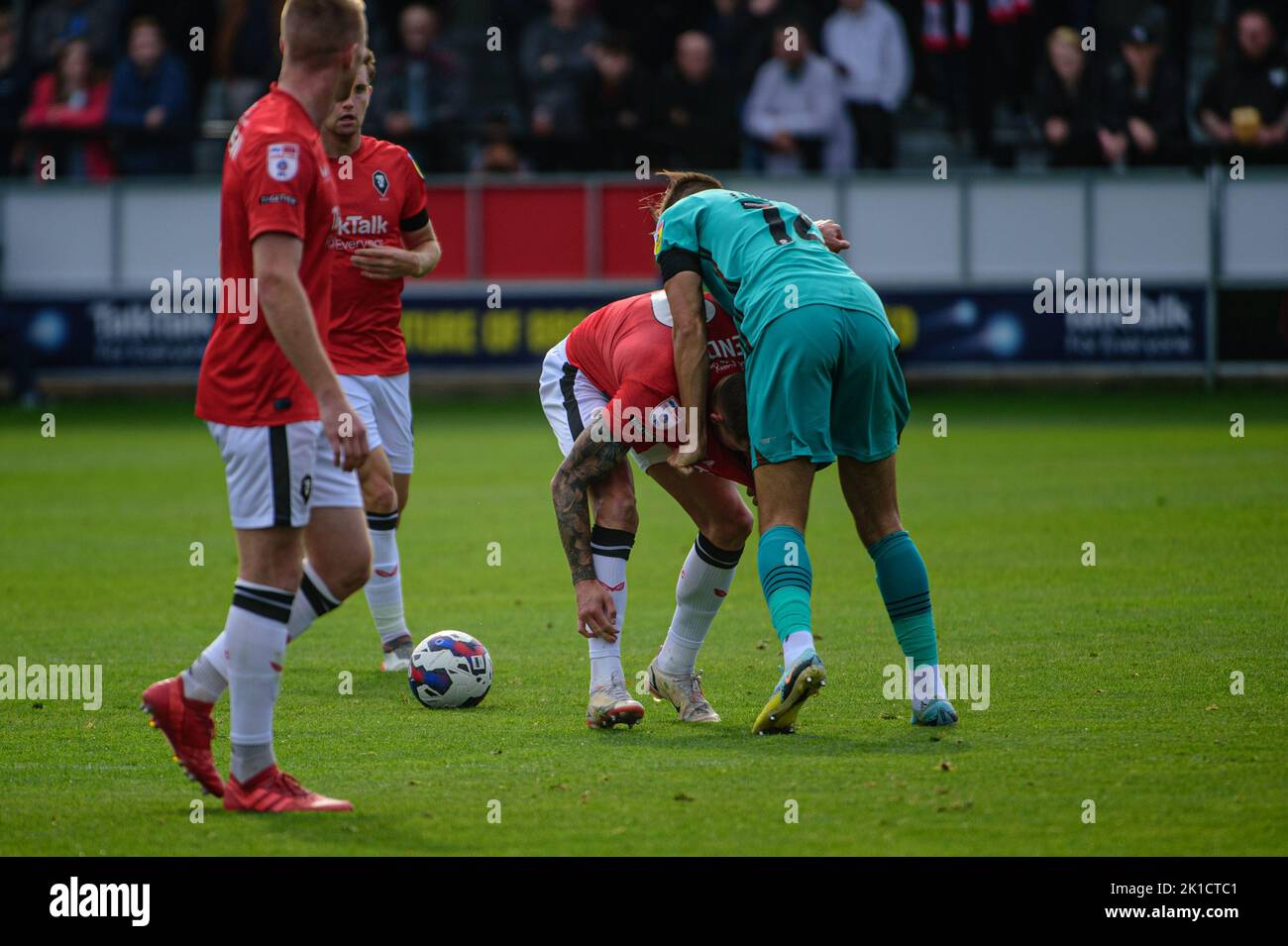 Callum Hendry of Salford City and Jordan Turnbull of Tranmere Rovers brawl during the Sky Bet League 2 match between Salford City and Tranmere Rovers at Moor Lane, Salford on Saturday 17th September 2022. Stock Photo