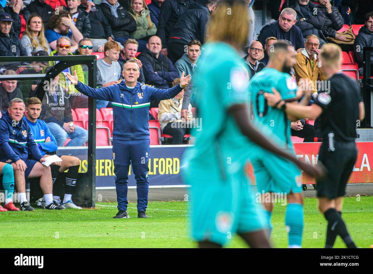 Micky Mellon, Manager of Tranmere Rovers expresses his feelings to the Referee during the Sky Bet League 2 match between Salford City and Tranmere Rovers at Moor Lane, Salford on Saturday 17th September 2022. Stock Photo