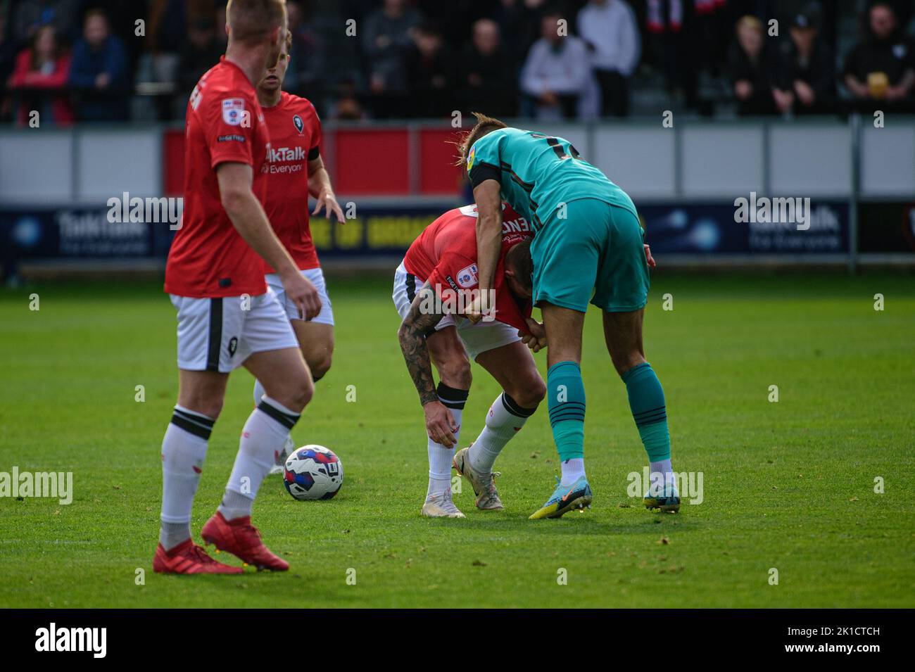 Callum Hendry of Salford City and Jordan Turnbull of Tranmere Rovers brawl during the Sky Bet League 2 match between Salford City and Tranmere Rovers at Moor Lane, Salford on Saturday 17th September 2022. Stock Photo