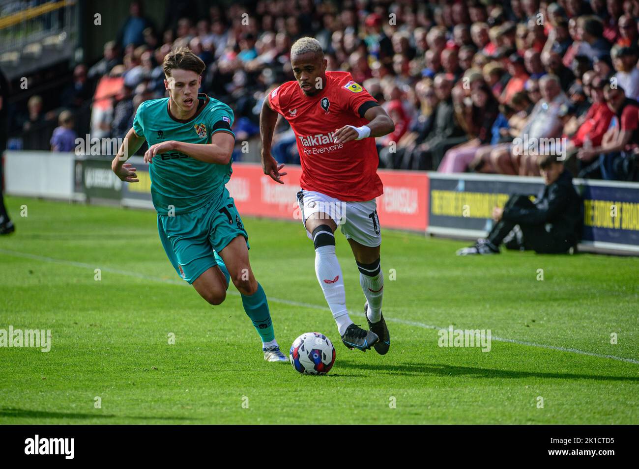 Rhys Hughes of Tranmere Rovers tackles Elliot Simões of Salford City during the Sky Bet League 2 match between Salford City and Tranmere Rovers at Moor Lane, Salford on Saturday 17th September 2022. Stock Photo