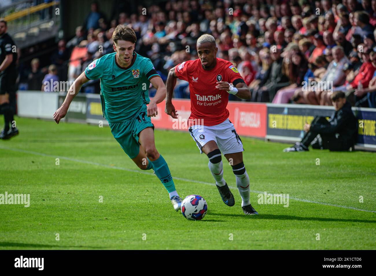 Rhys Hughes of Tranmere Rovers tackles Elliot Simões of Salford City during the Sky Bet League 2 match between Salford City and Tranmere Rovers at Moor Lane, Salford on Saturday 17th September 2022. Stock Photo