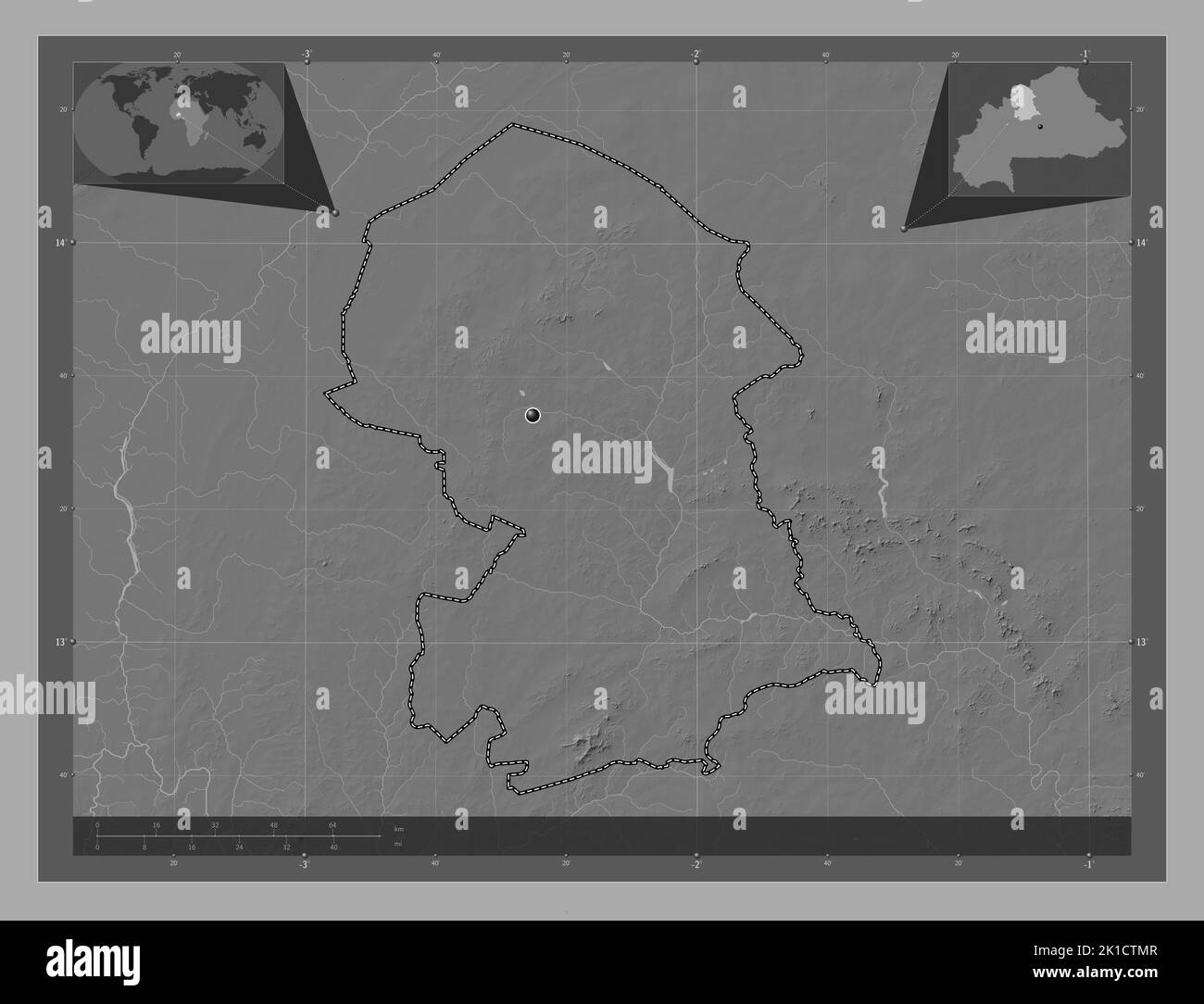 Nord, region of Burkina Faso. Bilevel elevation map with lakes and