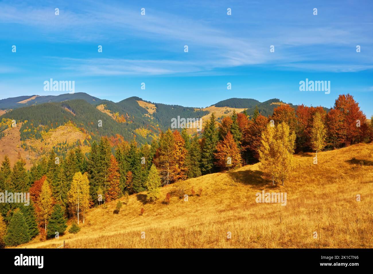 Colorful autumn landscape scene with fence in Transylvania mountain ...