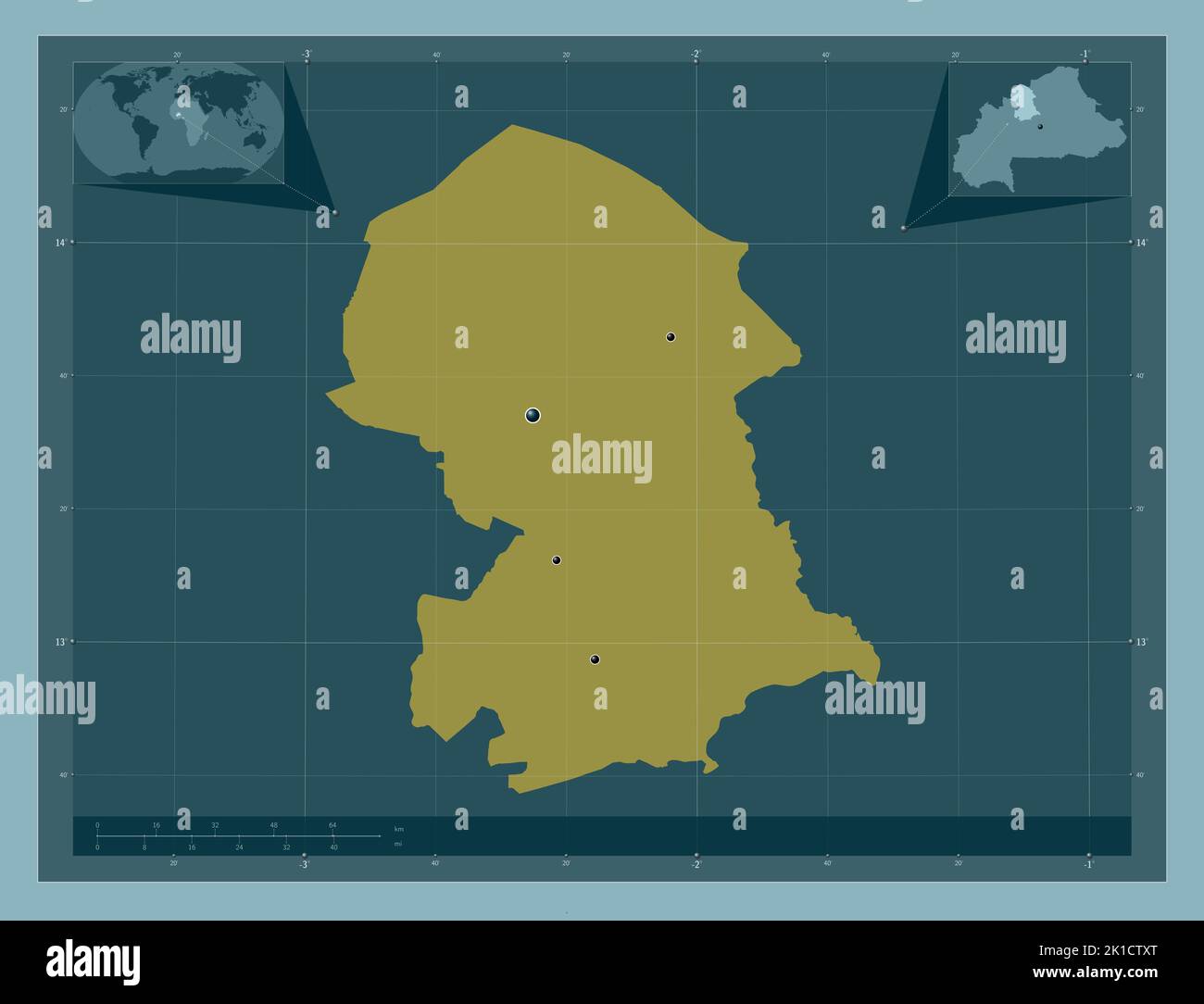 Nord, region of Burkina Faso. Solid color shape. Locations of major