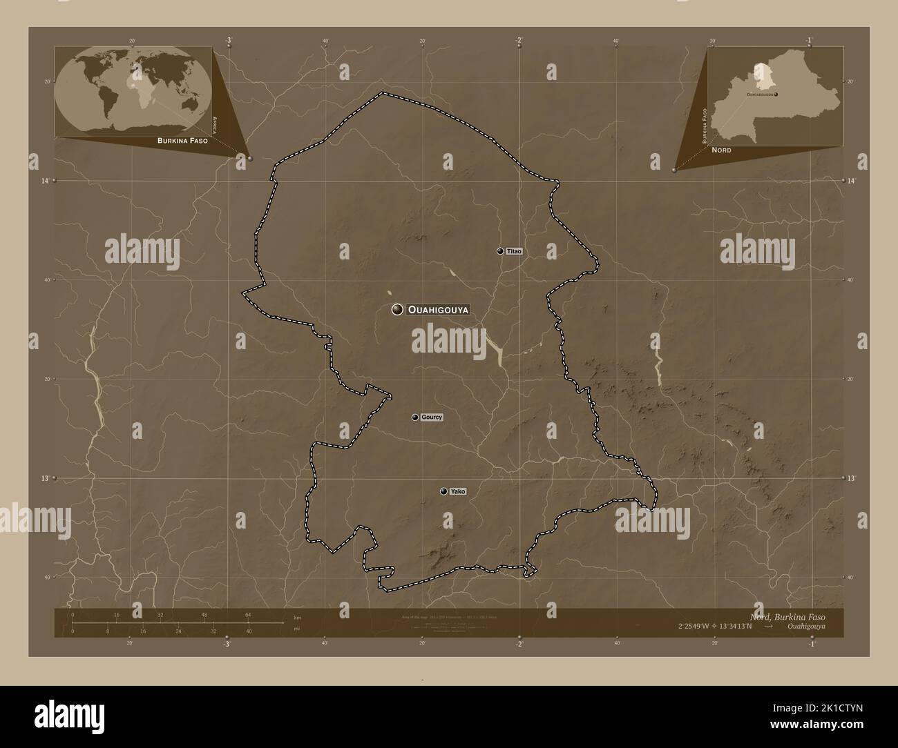 Nord, region of Burkina Faso. Elevation map colored in sepia tones with
