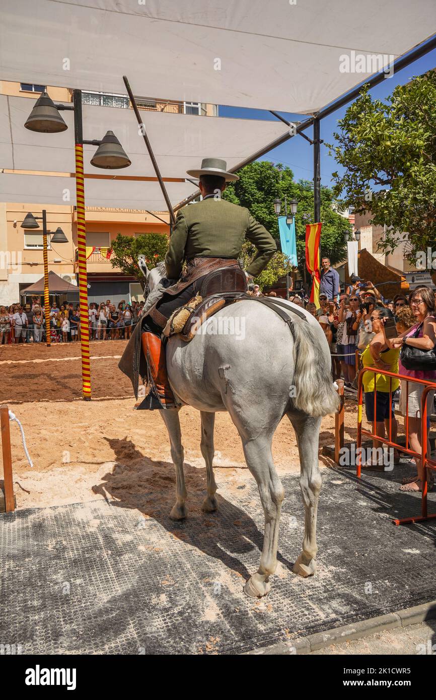 Man performing Spanish dressage horse riding show, during annual Horse day. Fuengirola, Andalusia, Costa del Sol, Spain. Stock Photo