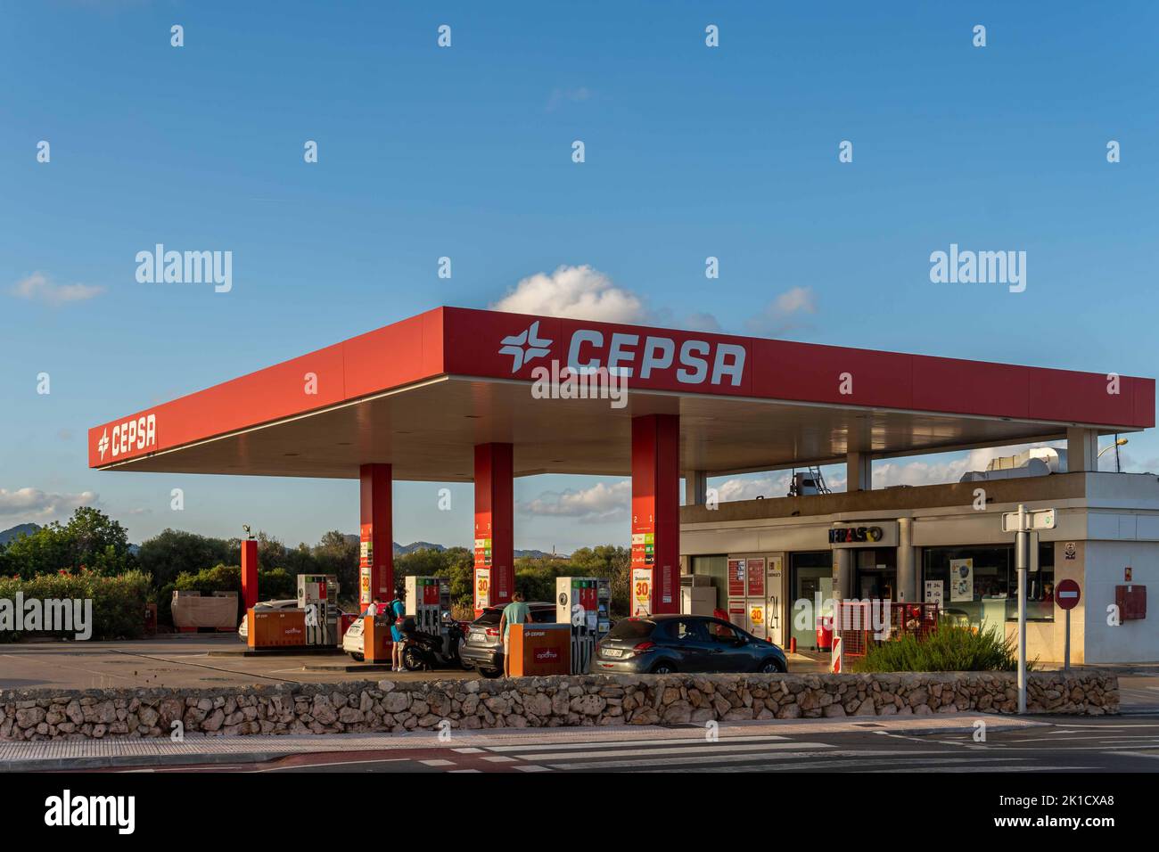 Cala d'Or, Spain; september 10 2022: Service and refueling station of the multinational company Cepsa, at sunset. Island of Mallorca, Spain Stock Photo