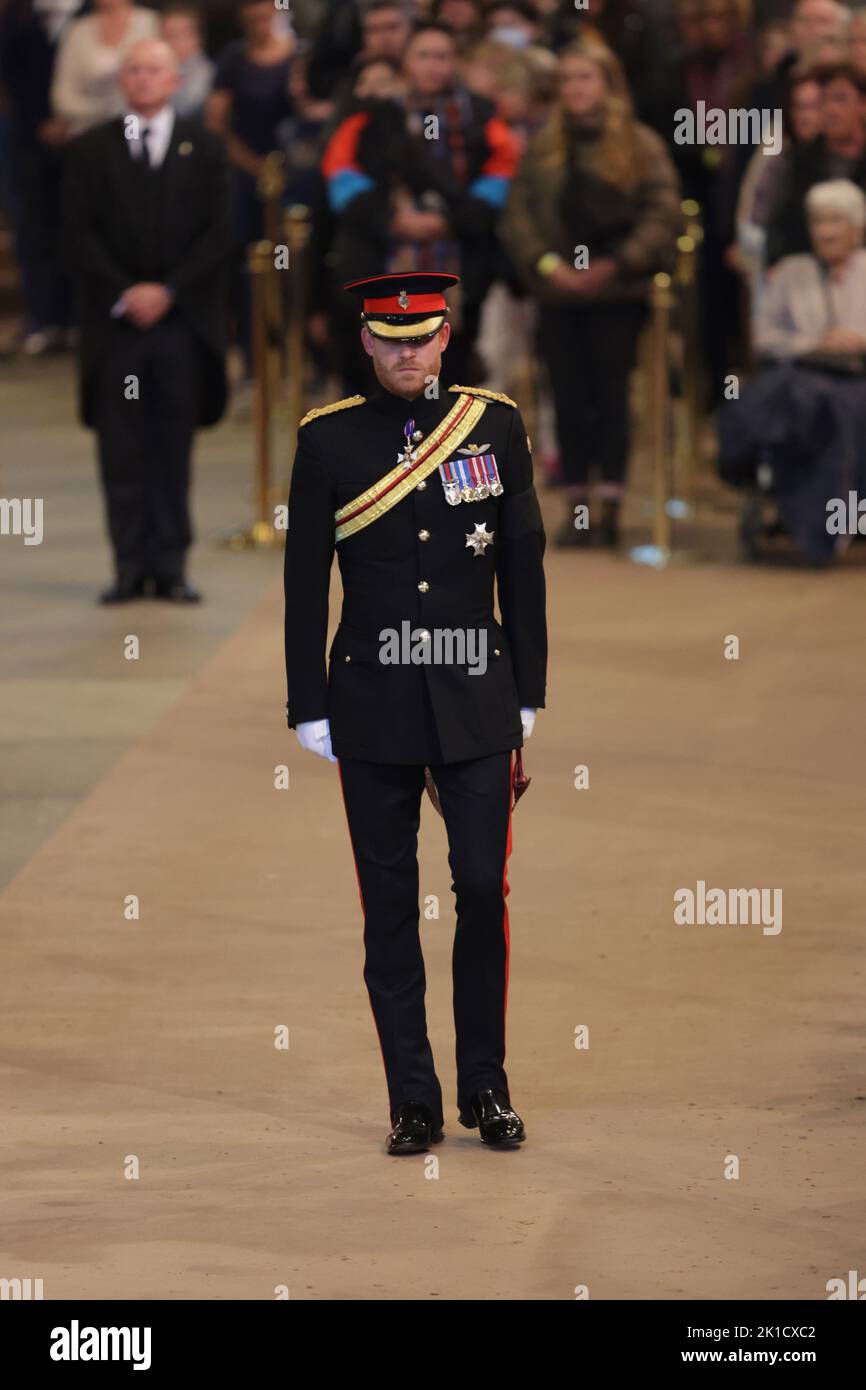 The Duke of Sussex arrives to hold a vigil beside the coffin of his grandmother as it lies in state on the catafalque in Westminster Hall, at the Palace of Westminster, London. Picture date: Saturday September 17, 2022. Stock Photo