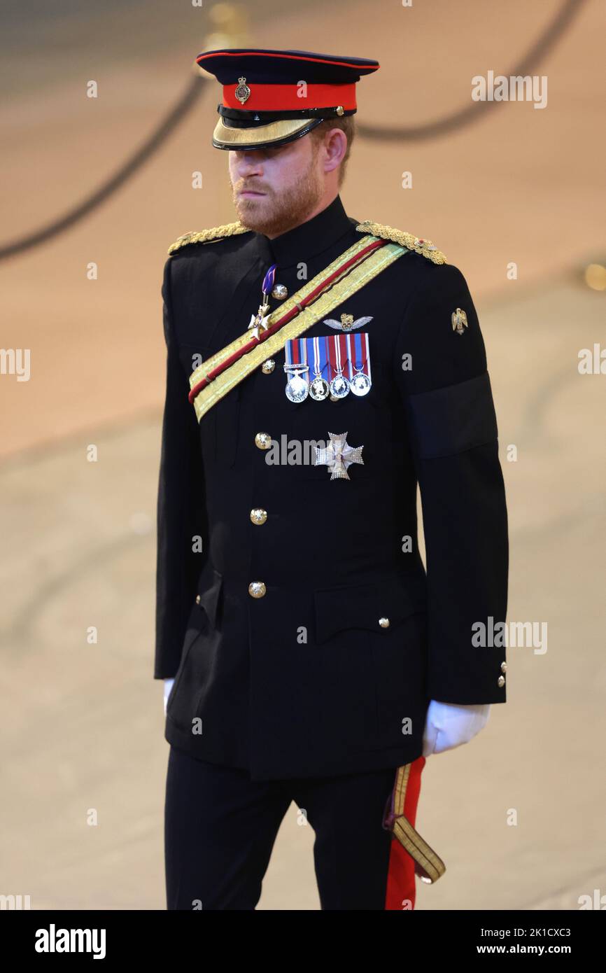 The Duke of Sussex arrives to hold a vigil beside the coffin of his grandmother as it lies in state on the catafalque in Westminster Hall, at the Palace of Westminster, London. Picture date: Saturday September 17, 2022. Stock Photo