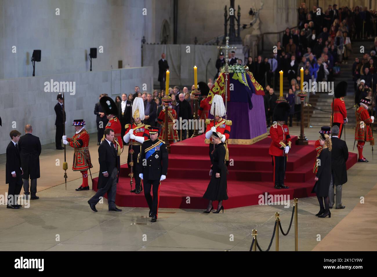 Queen Elizabeth II's grandchildren (left-right) James, Viscount Severn, Peter Phillips, the Prince of Wales, Zara Tindall and Lady Louise Windsor depart after holding a vigil beside the coffin of their grandmother as it lies in state on the catafalque in Westminster Hall, at the Palace of Westminster, London. Picture date: Saturday September 17, 2022. Stock Photo