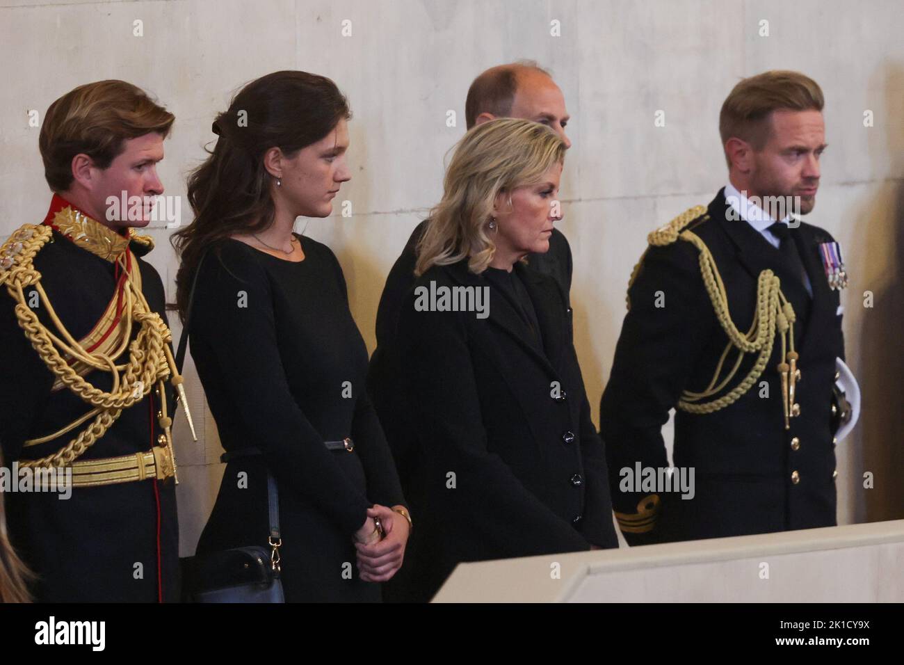 The Earl (hidden) and Countess of Wessex attend the vigil by Queen Elizabeth II's grandchildren the Prince of Wales, Peter Phillips, James, Viscount Severn, Princess Eugenie, the Duke of Sussex, Princess Beatrice, Lady Louise Windsor and Zara Tindall beside the coffin of their grandmother as it lies in state on the catafalque in Westminster Hall, at the Palace of Westminster, London. Picture date: Saturday September 17, 2022. Stock Photo