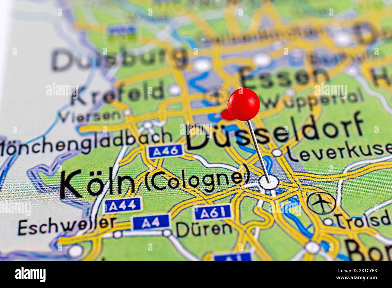 Köln map. Close up of Cologne map with red pin. Map with red pin point ...