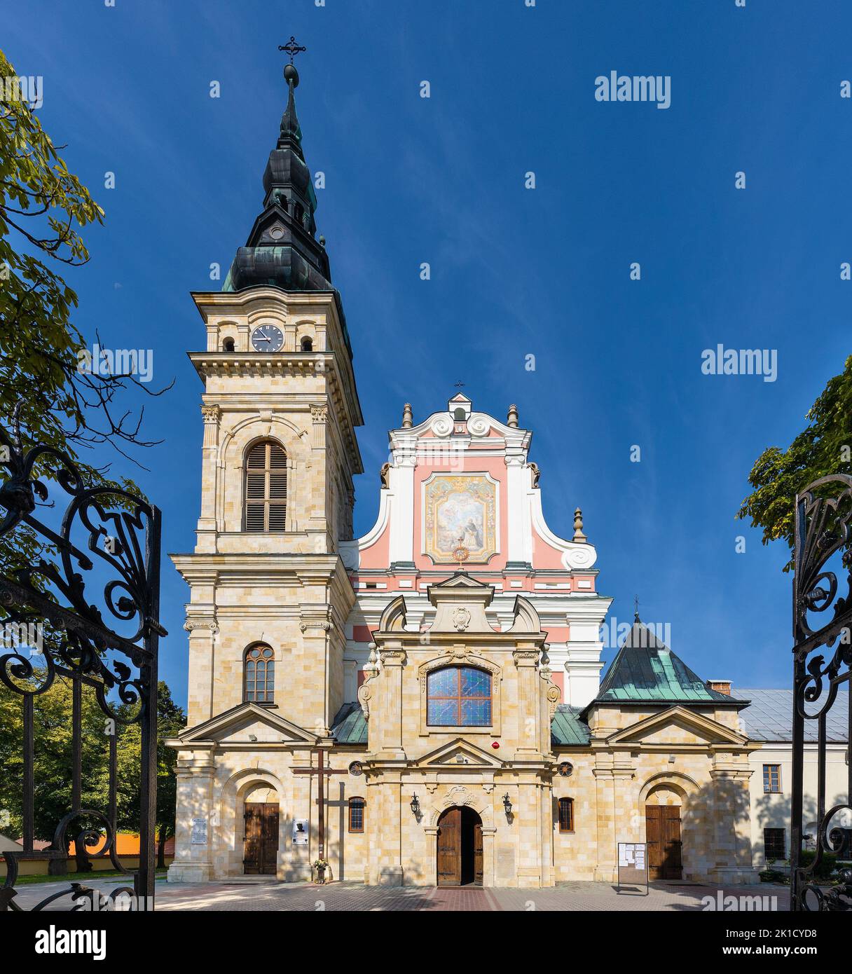 Tarnobrzeg, Poland - August 19, 2022: Our Lady of Dzikow Sanctuary and Dominican order monastery in town quarter of historic center of Tarnobrzeg Stock Photo