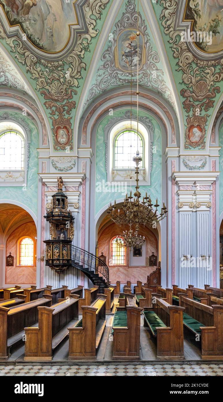 Tarnobrzeg, Poland - August 19, 2022: Interior of Our Lady of Dzikow Sanctuary and Dominican order monastery in town quarter of historic center Stock Photo
