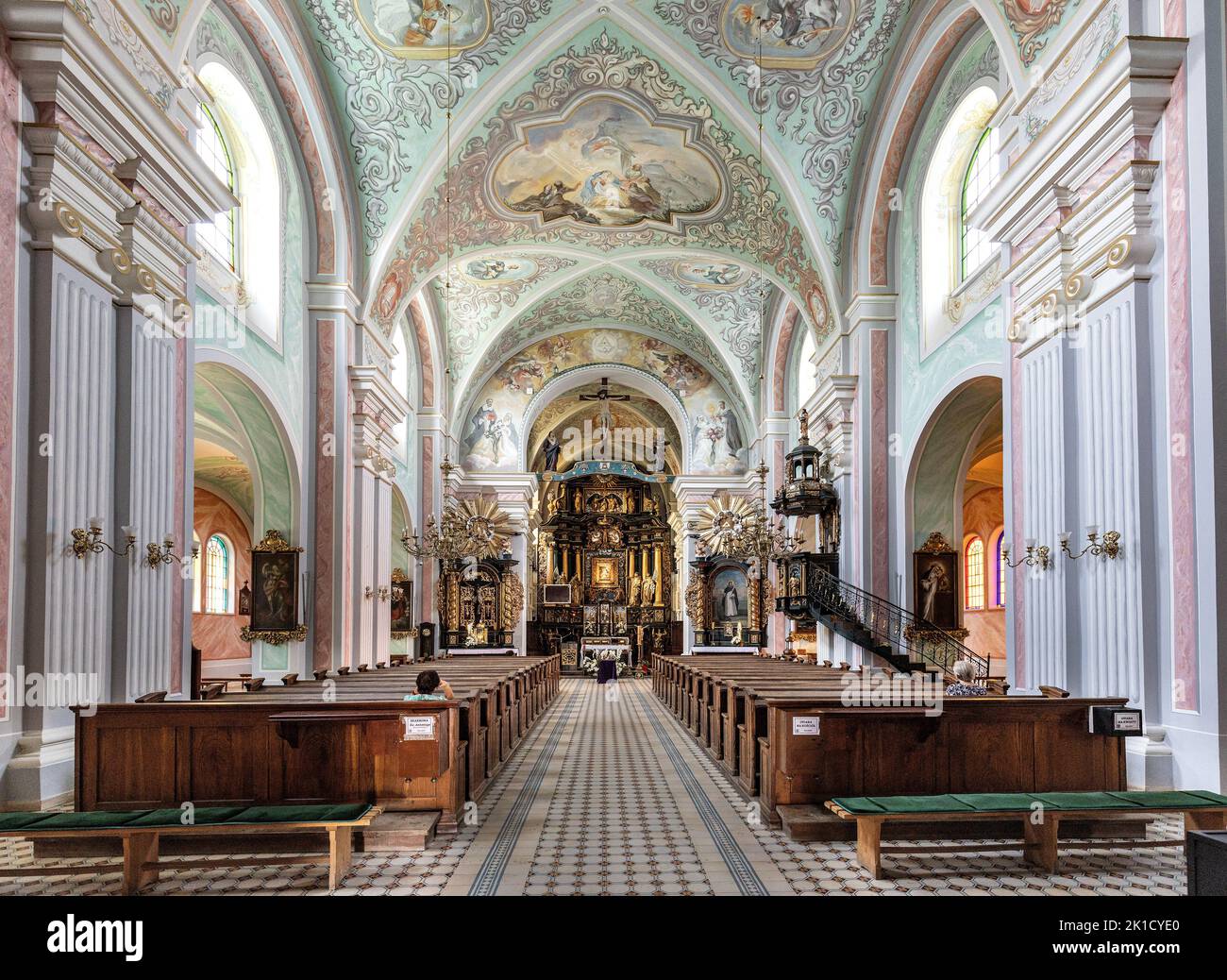 Tarnobrzeg, Poland - August 19, 2022: Interior of Our Lady of Dzikow Sanctuary and Dominican order monastery in town quarter of historic center Stock Photo