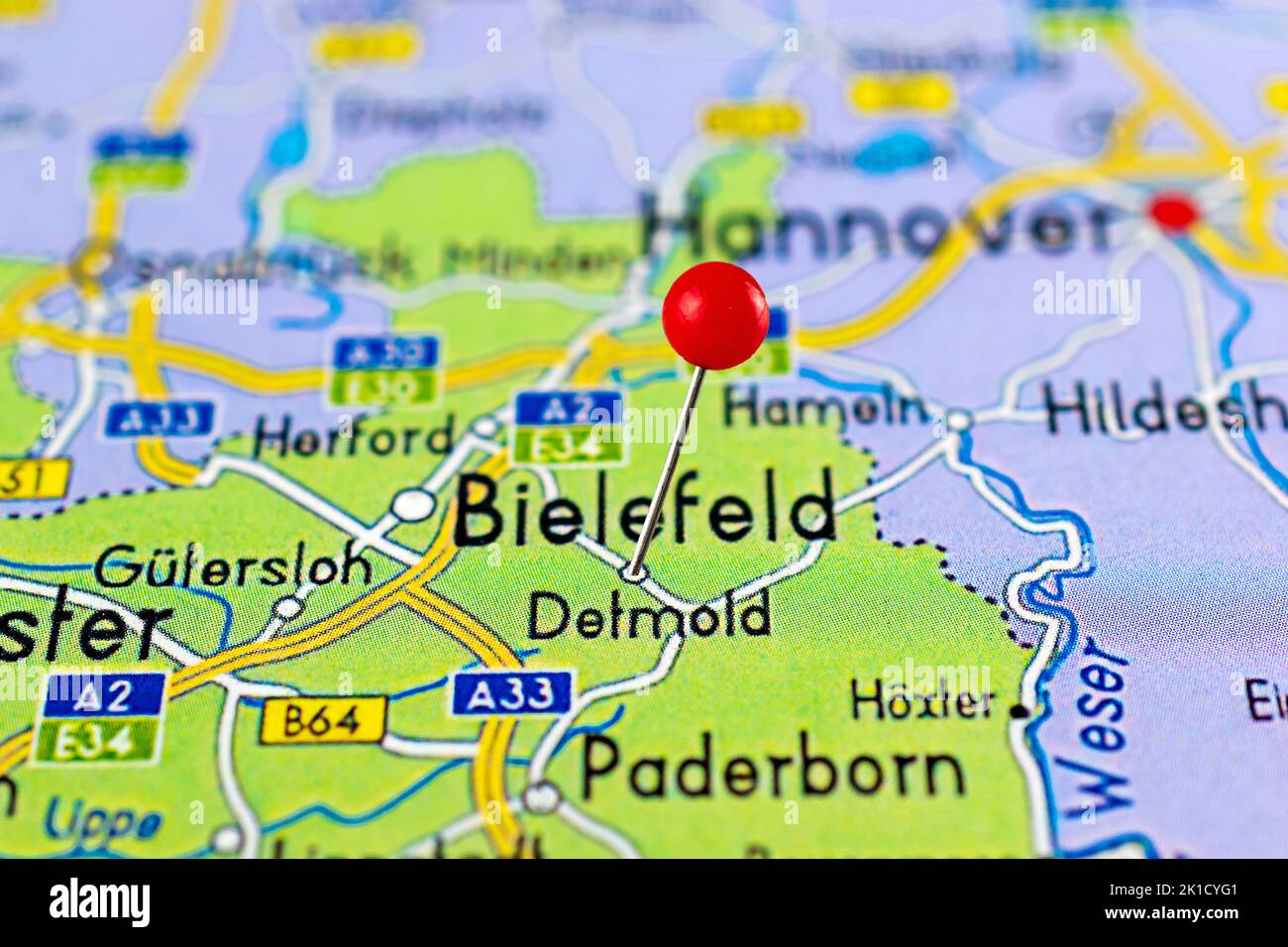 Detmold map. Close up of Detmold map with red pin. Map with red pin point of Detmold in Germany. Stock Photo