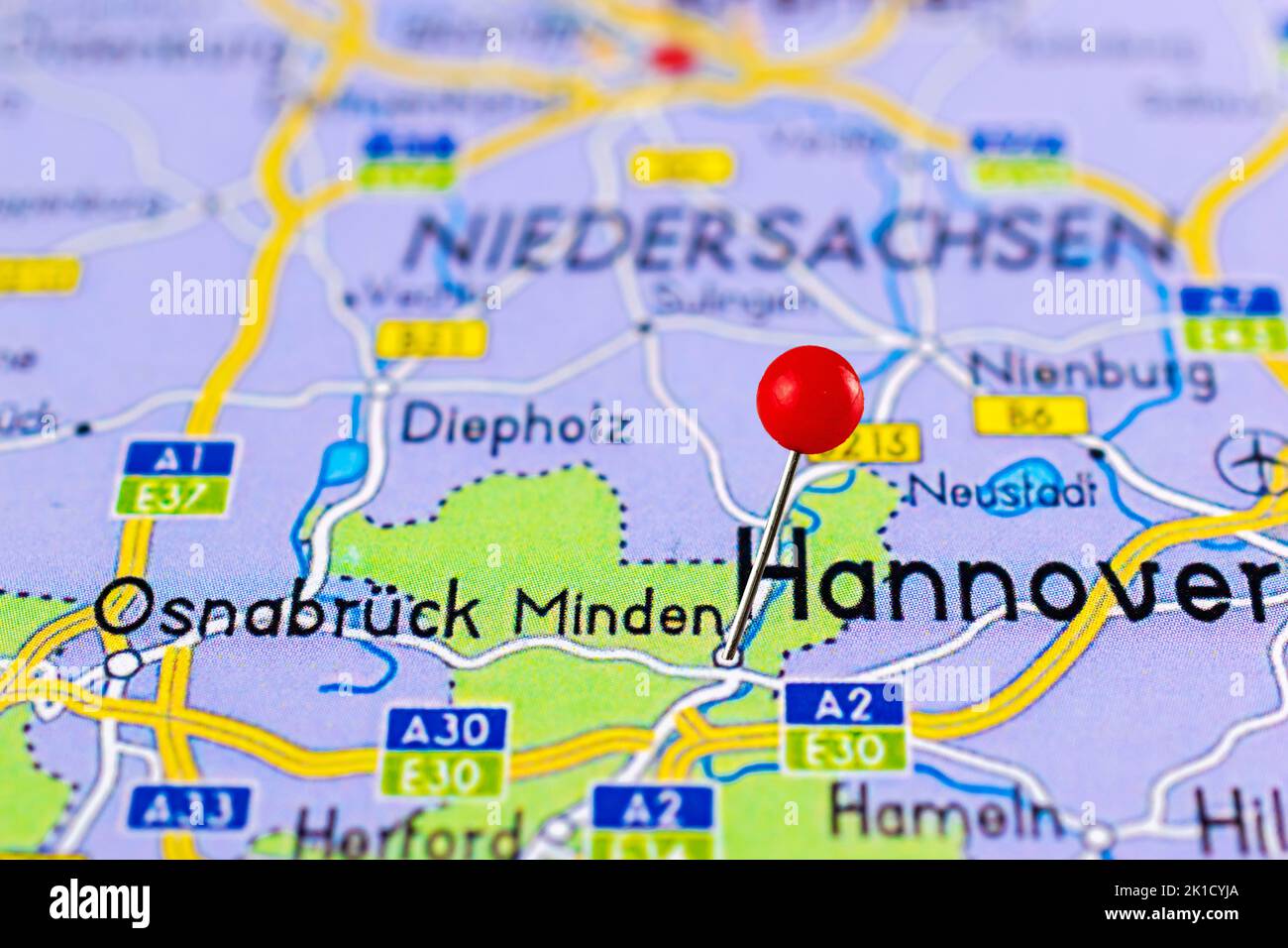 Minden map. Close up of Minden map with red pin. Map with red pin point of Minden in Germany. Stock Photo