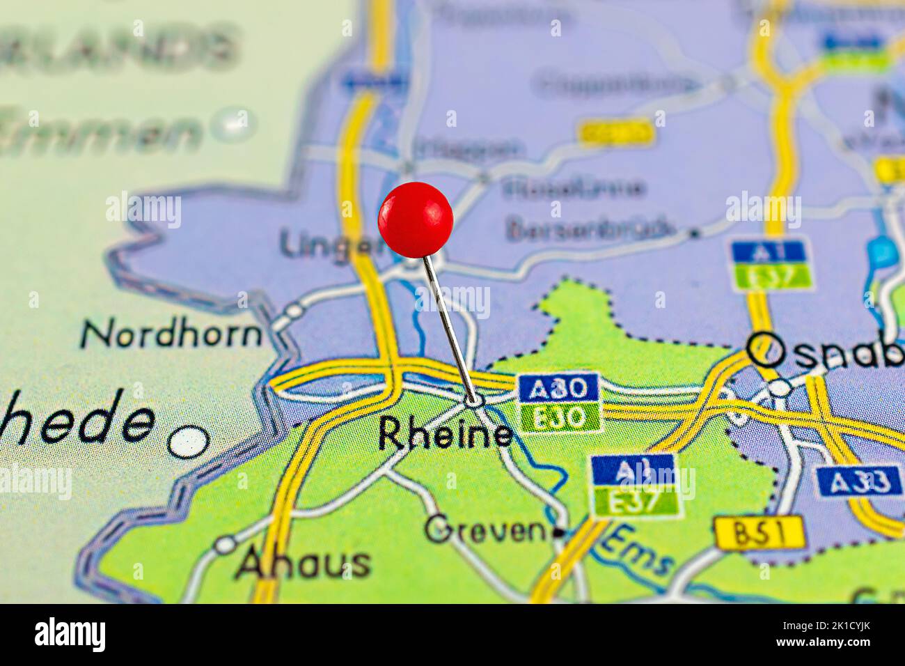 Rheine map. Close up of Rheine map with red pin. Map with red pin point