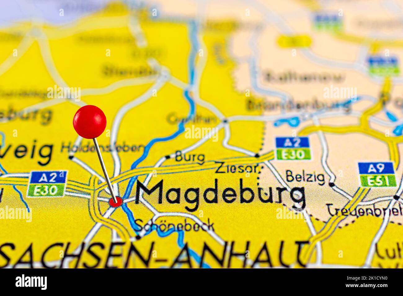 Magdeburg map. Close up of Magdeburg map with red pin. Map with red pin