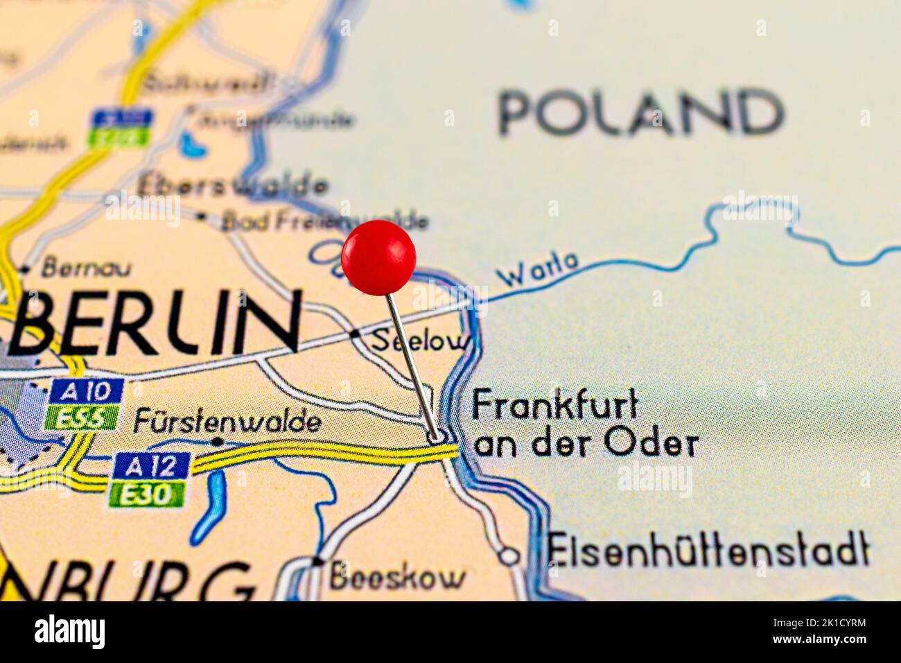 Frankfurt an der Oder map. Close up of Frankfurt an der Oder map with red pin. Map with red pin point of Frankfurt an der Oder in Germany. Stock Photo