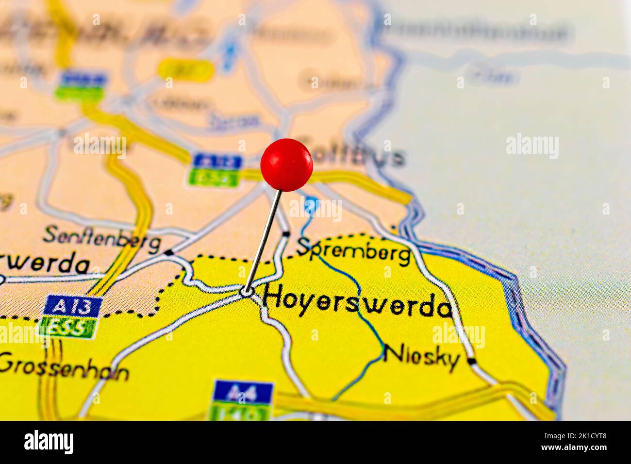 Hoyerswerda map. Close up of Hoyerswerda map with red pin. Map with red pin point of Hoyerswerda 