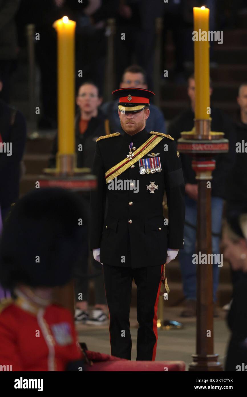 The Duke of Sussex holds a vigil beside the coffin of his grandmother as it lies in state on the catafalque in Westminster Hall, at the Palace of Westminster, London. Picture date: Saturday September 17, 2022. Stock Photo