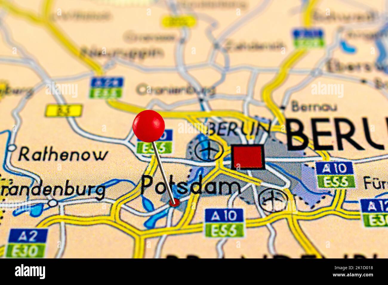 Potsdam map. Close up of Potsdam map with red pin. Map with red pin