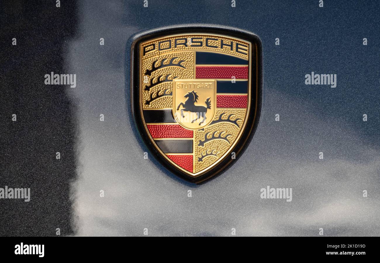 Porsche colour-crested front bonnet badge for 911 Stock Photo