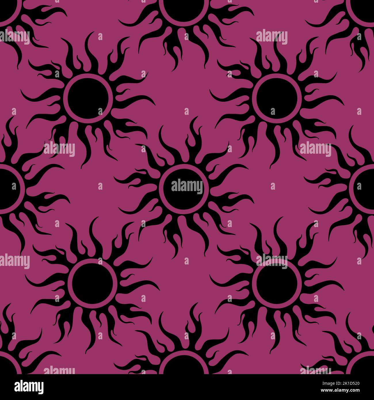 seamless symmetrical graphic pattern of black suns on purple background, texture, design Stock Photo