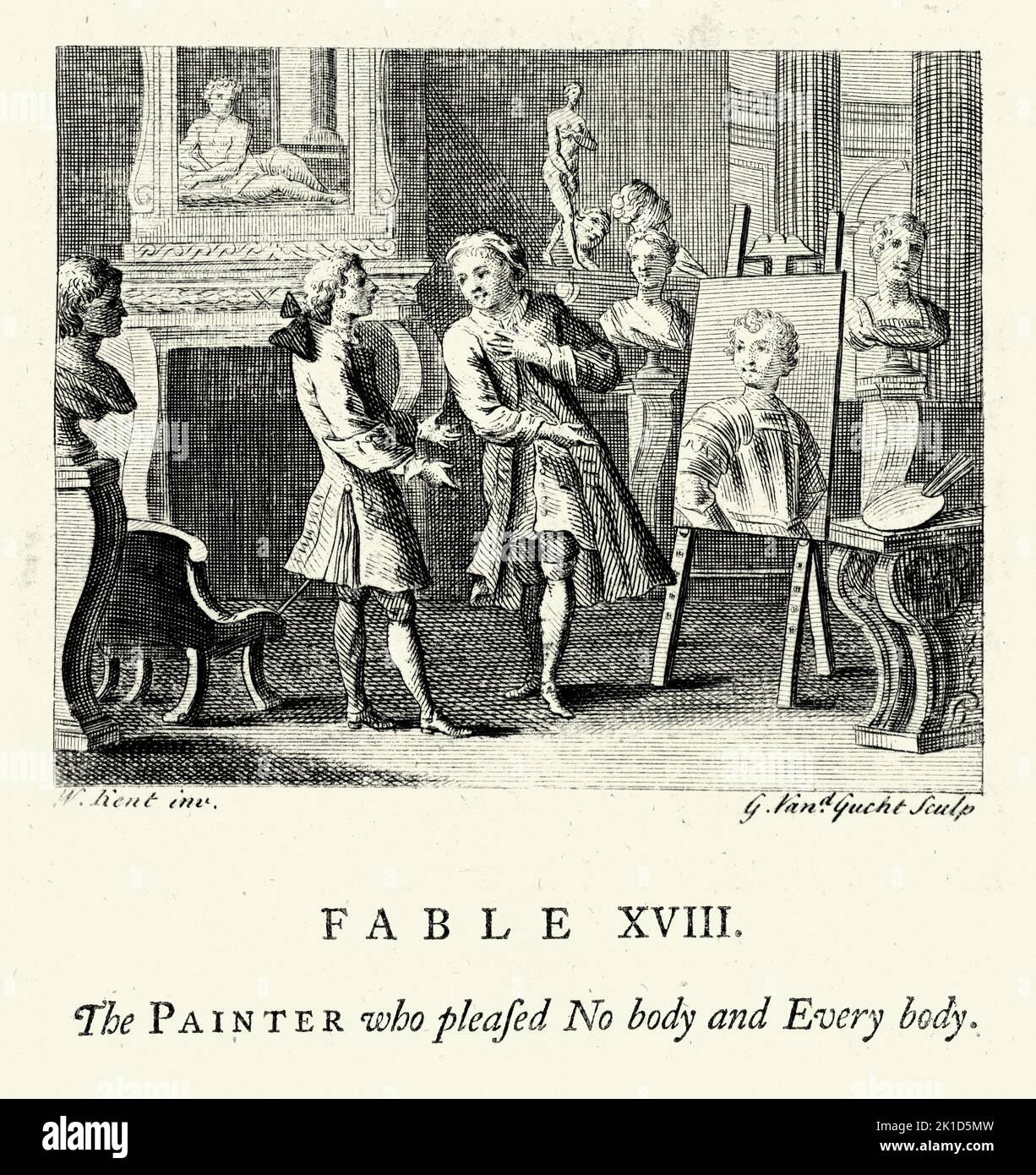 Vintage engraving The painter who pleased nobody and everybody, From the Fables of John Gay 18th Century Stock Photo