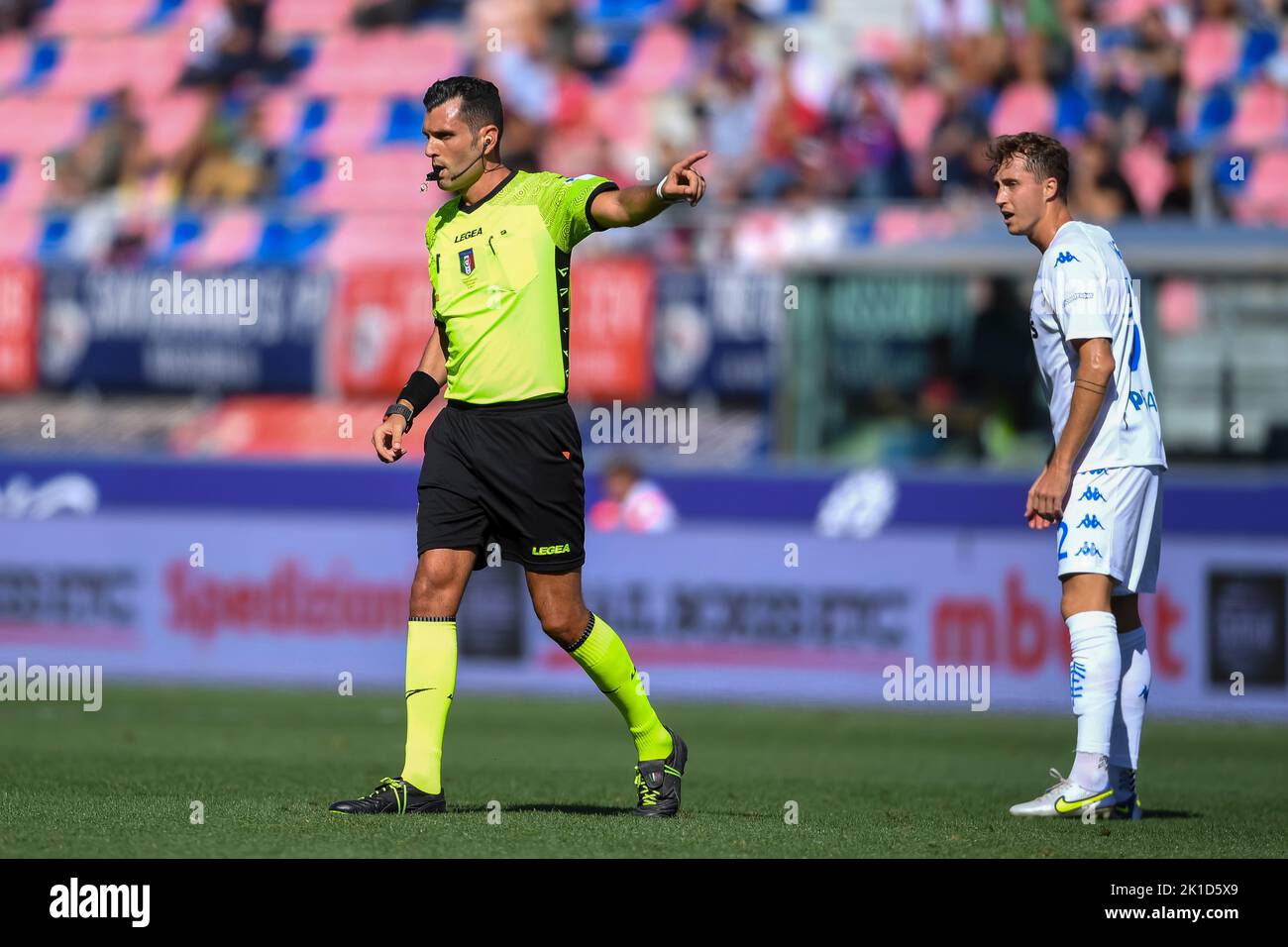 Bologna, Italy. 17th Sep, 2022. Manuel Volpi (Referee)Nicolas Haas (Empoli) during the Italian 'Serie A' match between match betweenBologna 0-1 Empoli at Renato Dall Ara Stadium on September 17, 2022 in Bologna, Italy. Credit: Aflo Co. Ltd./Alamy Live News Stock Photo