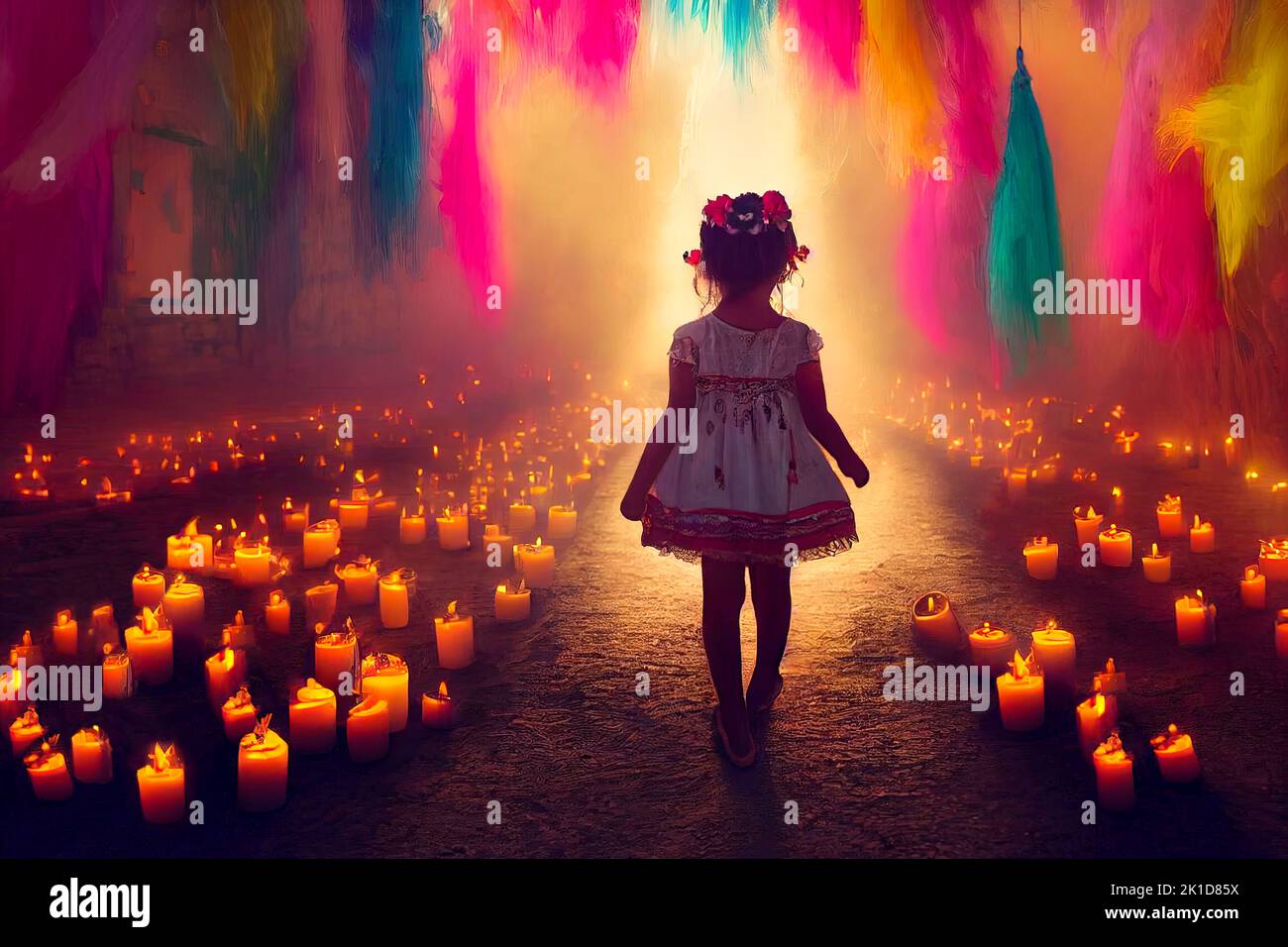 Day of the dead scene with little girl in a town street following a